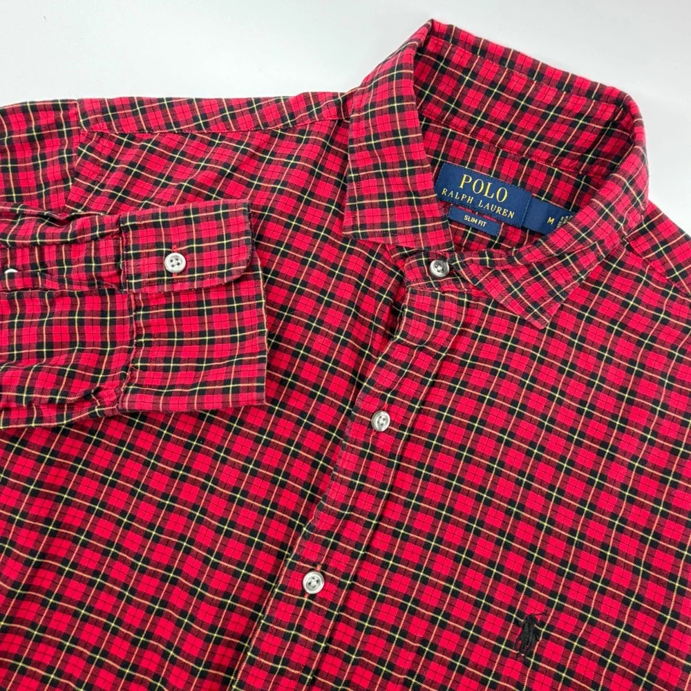 Polo Ralph Lauren Button Down Men Medium‎ Red Black Plaid Slim Fit Long Sleeve